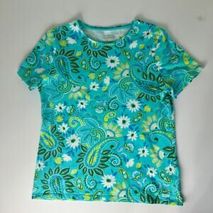 Talbots Women’s Tee Shirt Large Paisley Floral Print Blue Green Short Sleeve